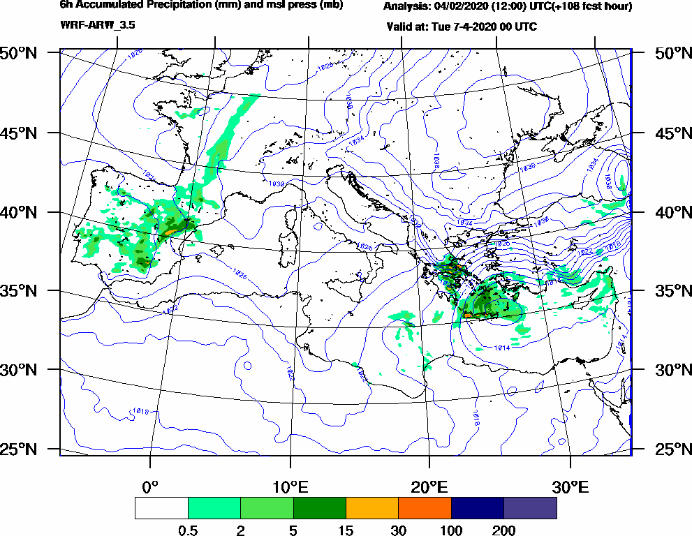 6h Accumulated Precipitation (mm) and msl press (mb) - 2020-04-06 18:00