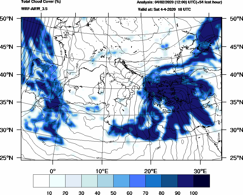 Total cloud cover (%) - 2020-04-04 12:00