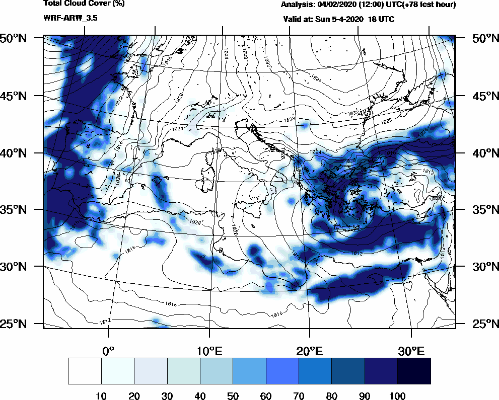 Total cloud cover (%) - 2020-04-05 12:00