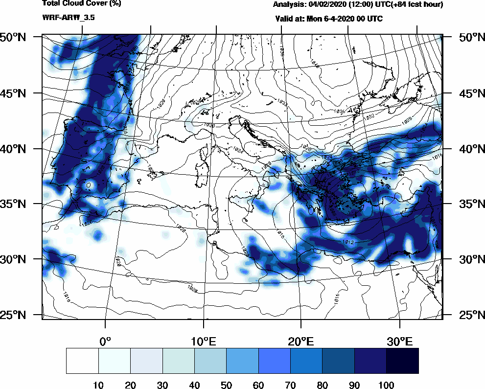 Total cloud cover (%) - 2020-04-05 18:00