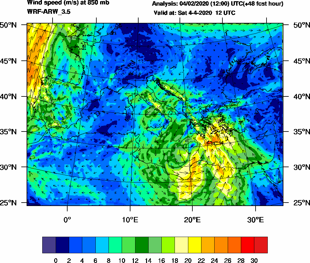 Wind speed (m/s) at 850 mb - 2020-04-04 12:00