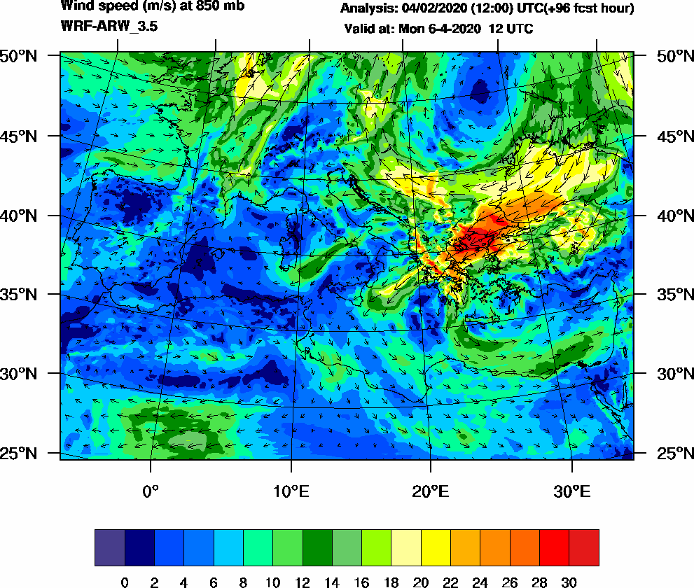 Wind speed (m/s) at 850 mb - 2020-04-06 12:00