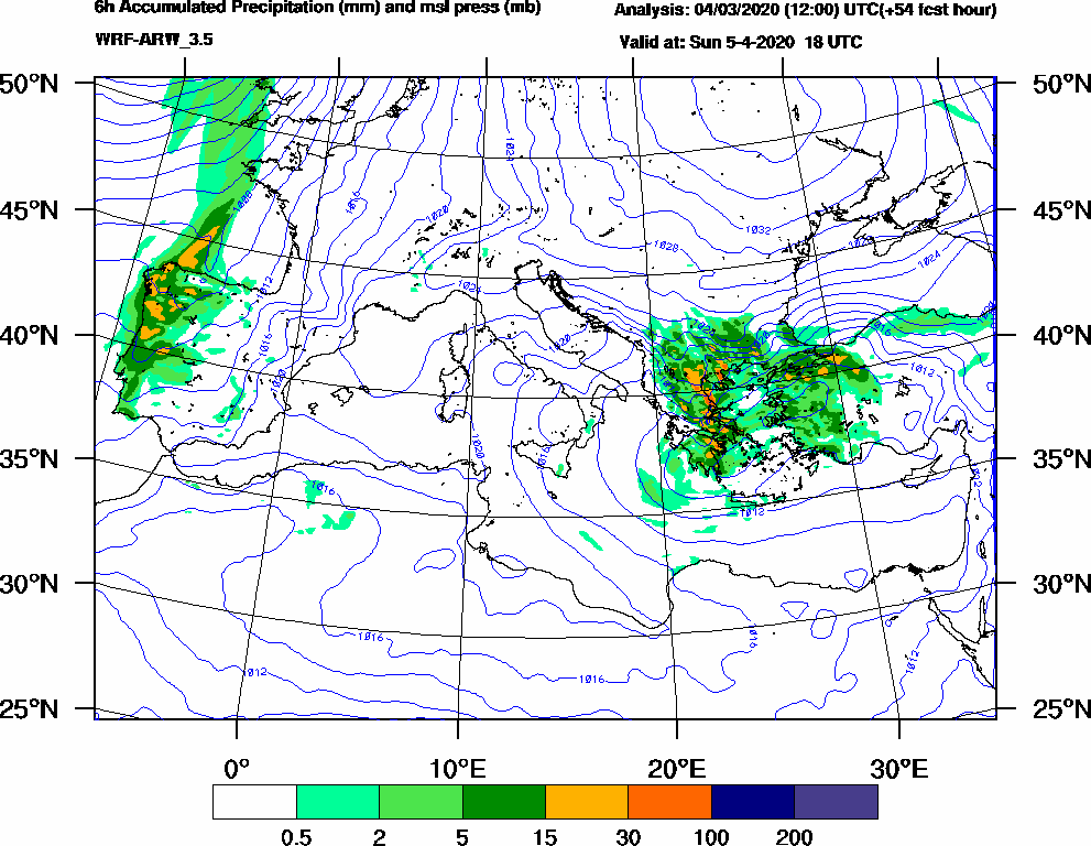 6h Accumulated Precipitation (mm) and msl press (mb) - 2020-04-05 12:00