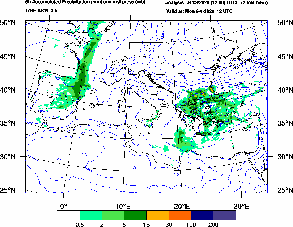 6h Accumulated Precipitation (mm) and msl press (mb) - 2020-04-06 06:00