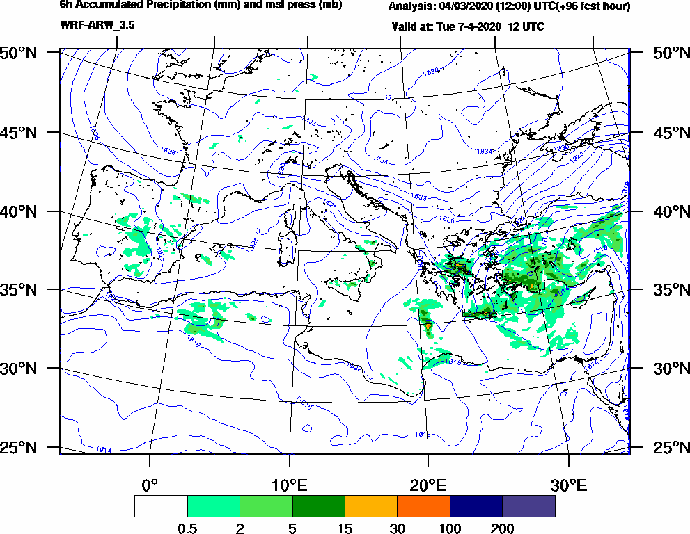 6h Accumulated Precipitation (mm) and msl press (mb) - 2020-04-07 06:00