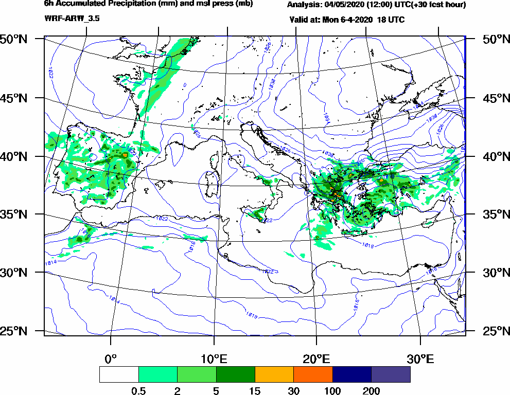 6h Accumulated Precipitation (mm) and msl press (mb) - 2020-04-06 12:00