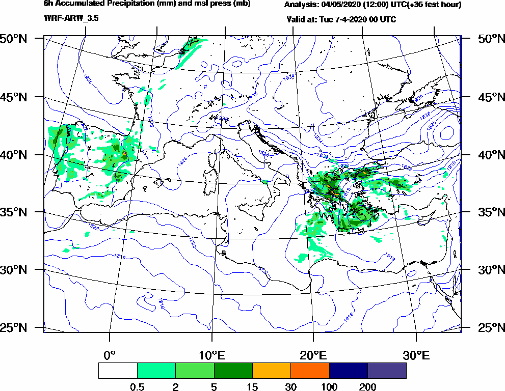 6h Accumulated Precipitation (mm) and msl press (mb) - 2020-04-06 18:00