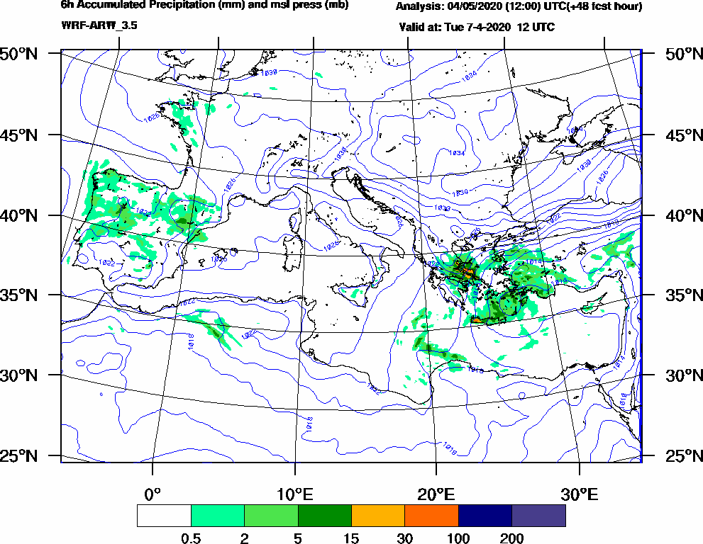 6h Accumulated Precipitation (mm) and msl press (mb) - 2020-04-07 06:00
