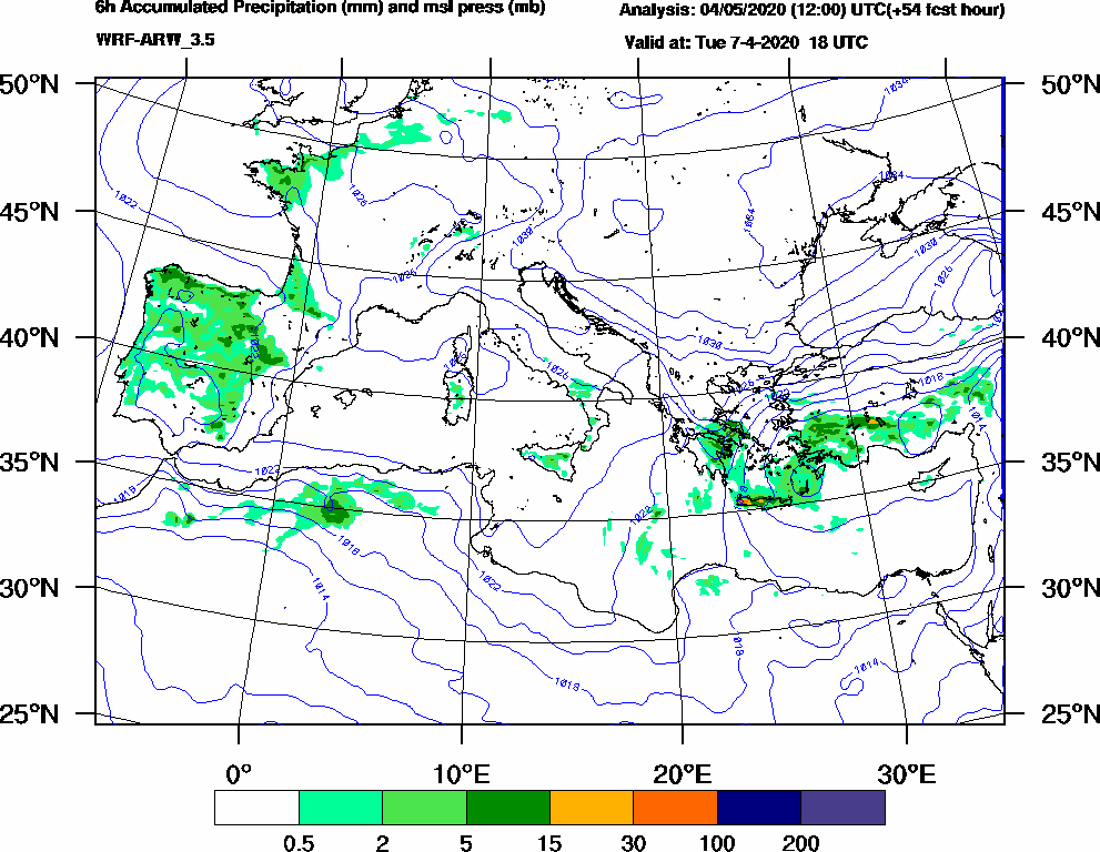 6h Accumulated Precipitation (mm) and msl press (mb) - 2020-04-07 12:00