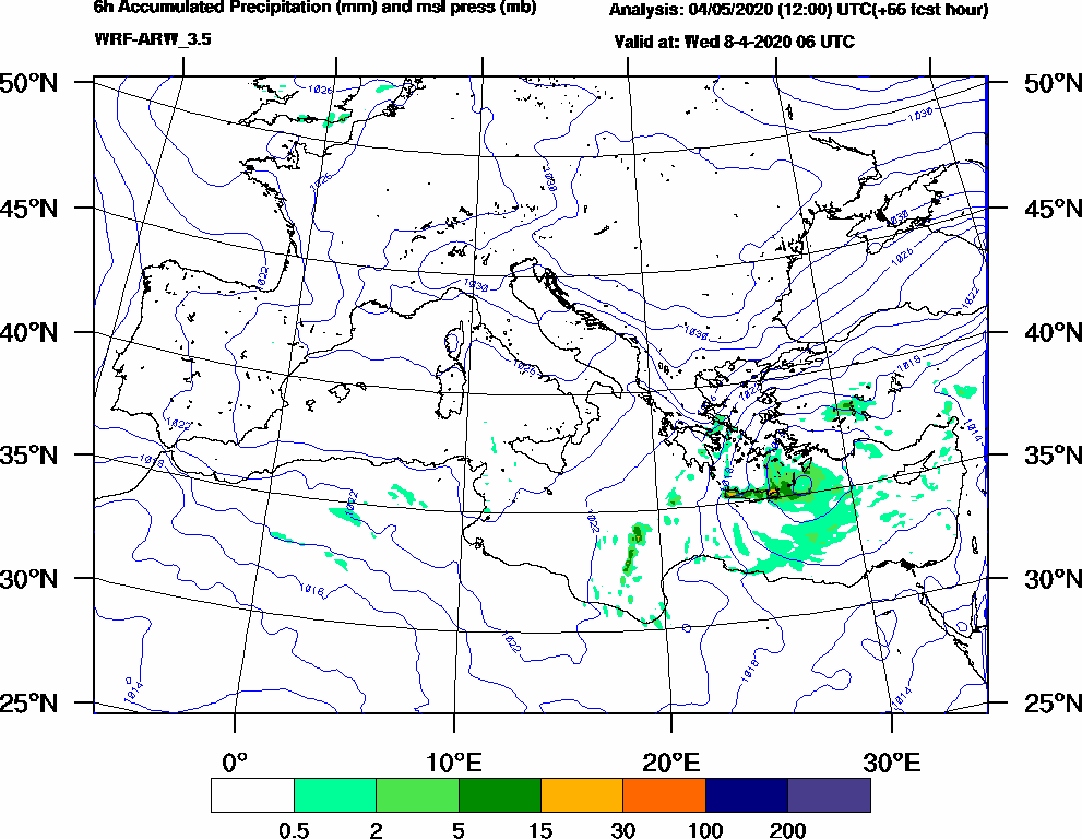 6h Accumulated Precipitation (mm) and msl press (mb) - 2020-04-08 00:00