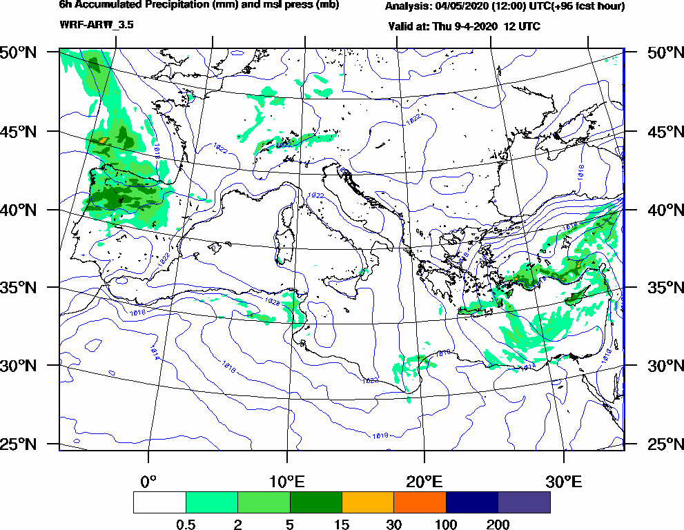 6h Accumulated Precipitation (mm) and msl press (mb) - 2020-04-09 06:00