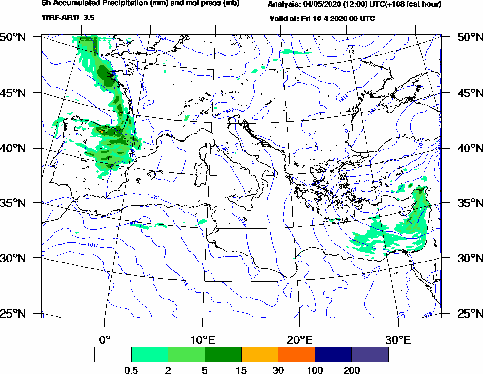 6h Accumulated Precipitation (mm) and msl press (mb) - 2020-04-09 18:00
