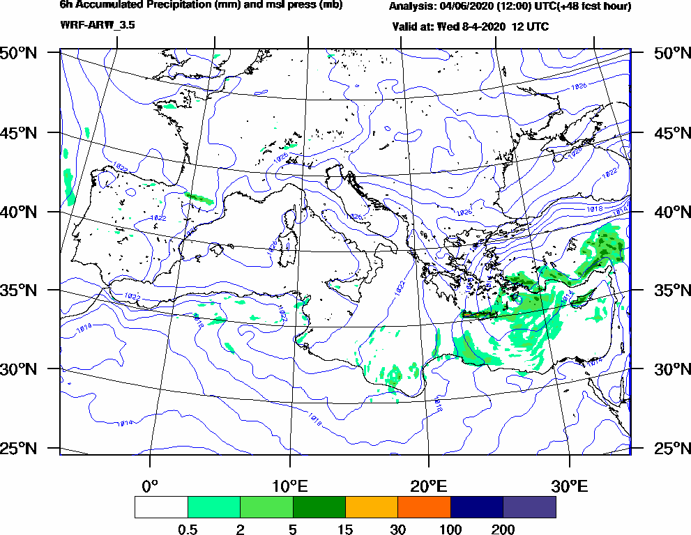 6h Accumulated Precipitation (mm) and msl press (mb) - 2020-04-08 06:00