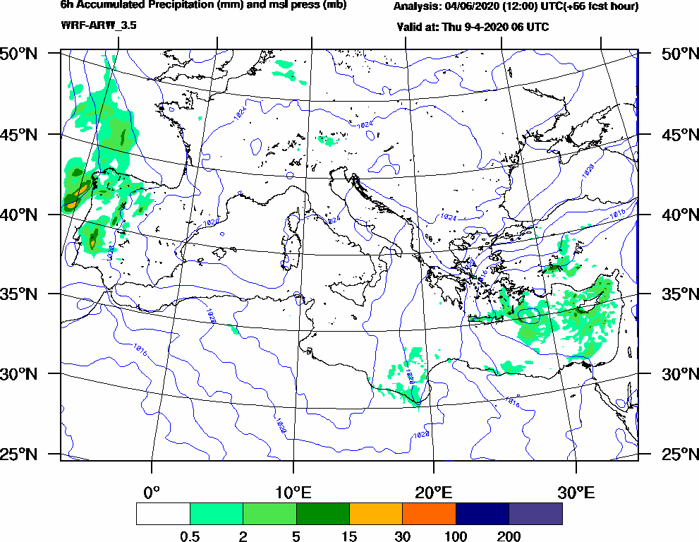 6h Accumulated Precipitation (mm) and msl press (mb) - 2020-04-09 00:00