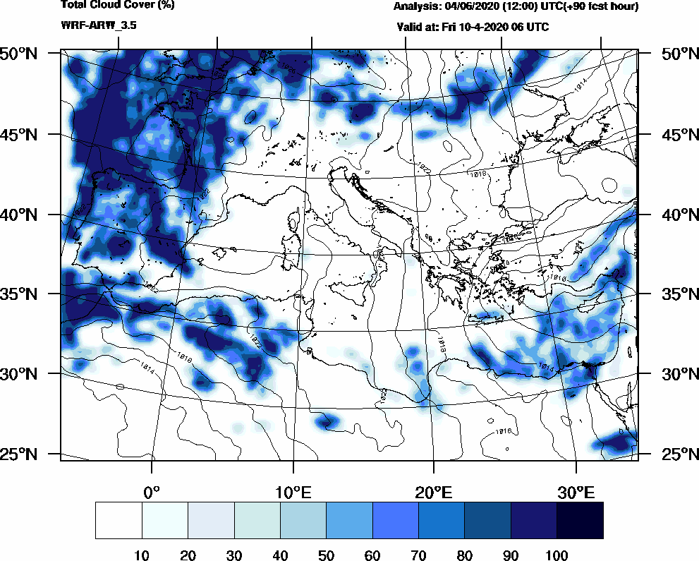 Total cloud cover (%) - 2020-04-10 00:00