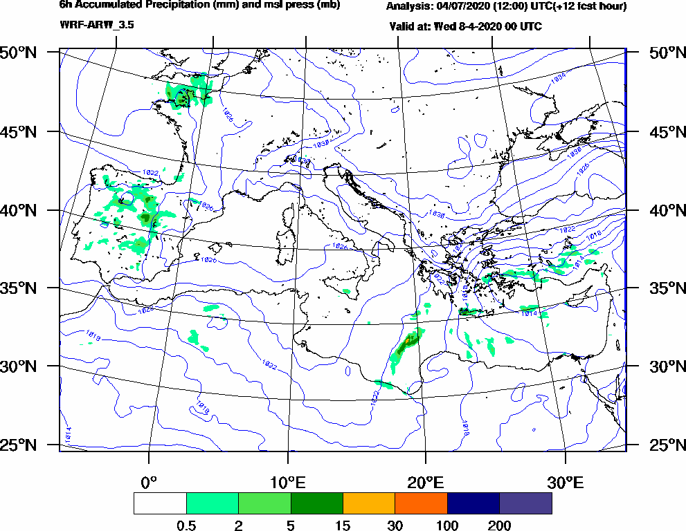6h Accumulated Precipitation (mm) and msl press (mb) - 2020-04-07 18:00