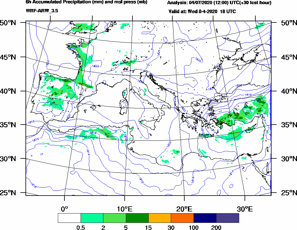 6h Accumulated Precipitation (mm) and msl press (mb) - 2020-04-08 12:00