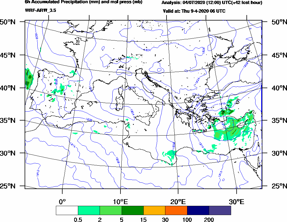 6h Accumulated Precipitation (mm) and msl press (mb) - 2020-04-09 00:00