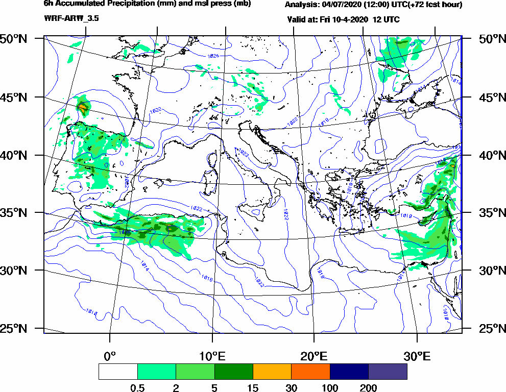 6h Accumulated Precipitation (mm) and msl press (mb) - 2020-04-10 06:00