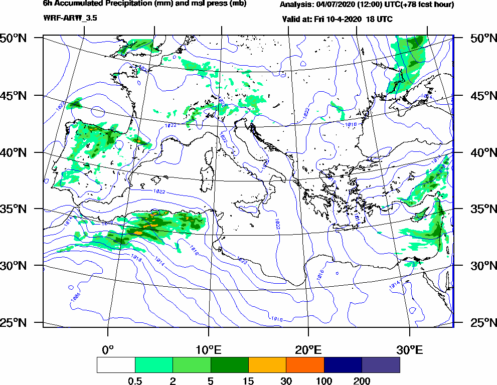 6h Accumulated Precipitation (mm) and msl press (mb) - 2020-04-10 12:00