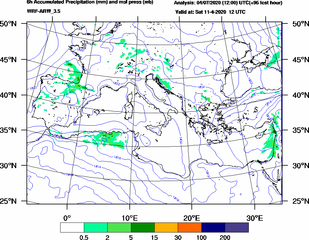 6h Accumulated Precipitation (mm) and msl press (mb) - 2020-04-11 06:00