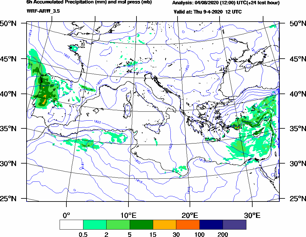 6h Accumulated Precipitation (mm) and msl press (mb) - 2020-04-09 06:00