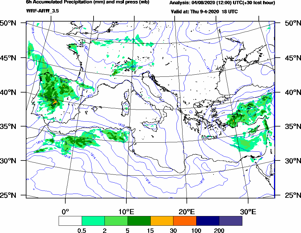 6h Accumulated Precipitation (mm) and msl press (mb) - 2020-04-09 12:00