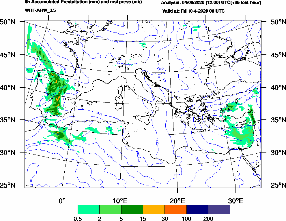 6h Accumulated Precipitation (mm) and msl press (mb) - 2020-04-09 18:00