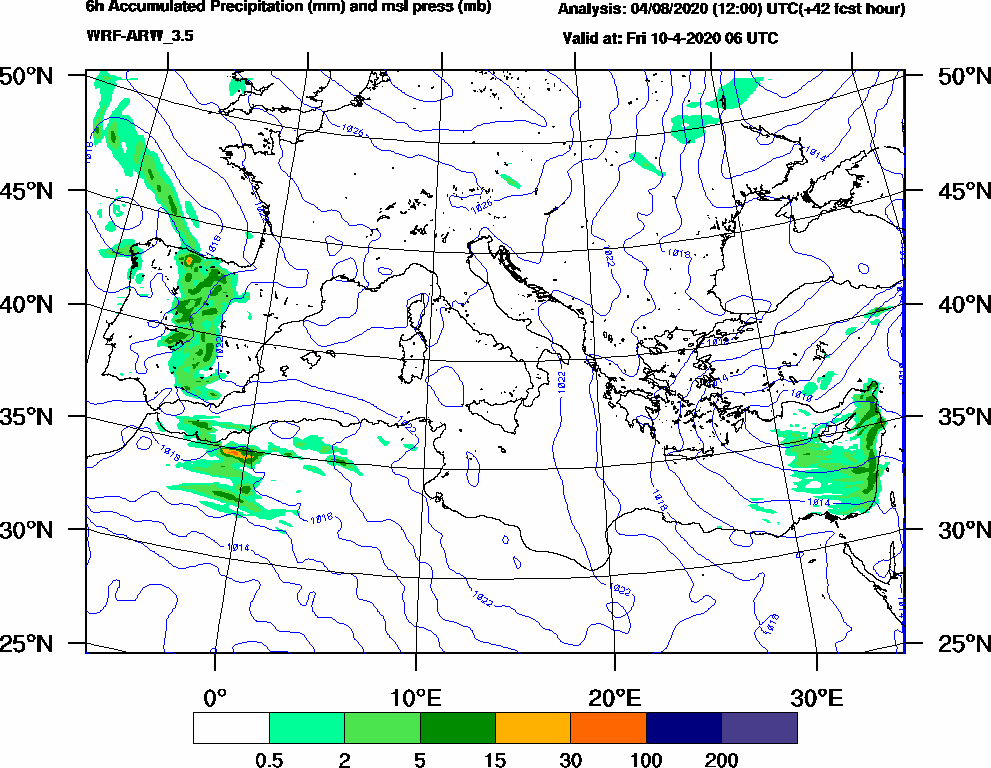 6h Accumulated Precipitation (mm) and msl press (mb) - 2020-04-10 00:00