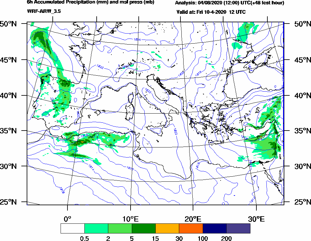 6h Accumulated Precipitation (mm) and msl press (mb) - 2020-04-10 06:00