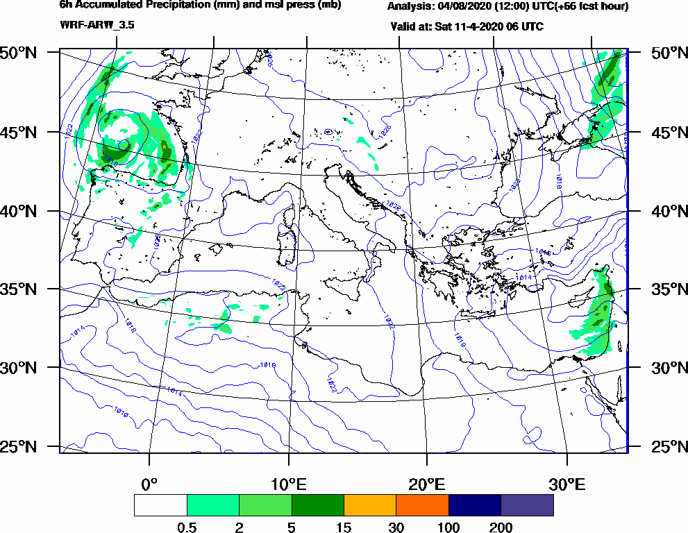 6h Accumulated Precipitation (mm) and msl press (mb) - 2020-04-11 00:00