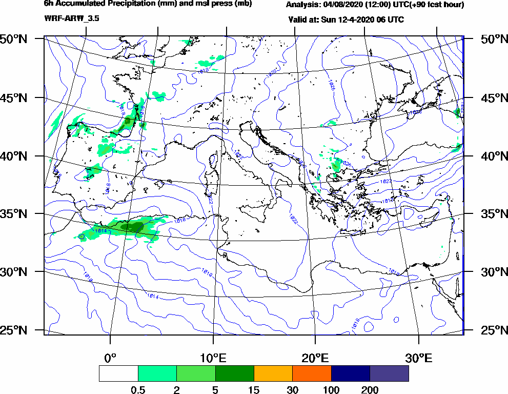 6h Accumulated Precipitation (mm) and msl press (mb) - 2020-04-12 00:00