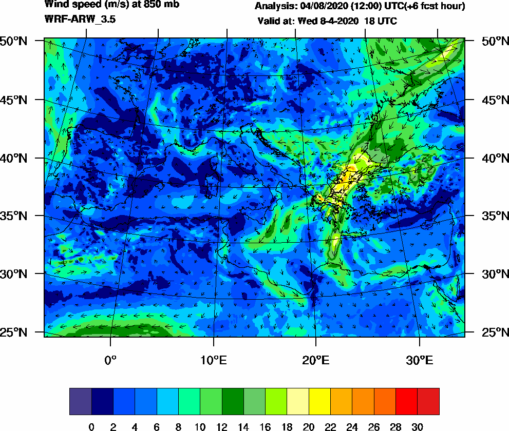 Wind speed (m/s) at 850 mb - 2020-04-08 18:00