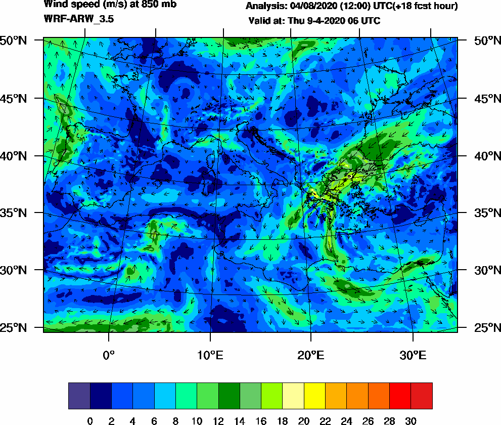 Wind speed (m/s) at 850 mb - 2020-04-09 06:00