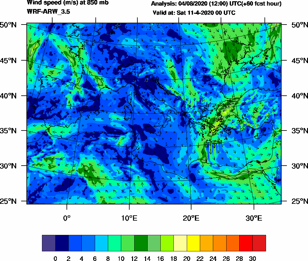 Wind speed (m/s) at 850 mb - 2020-04-11 00:00