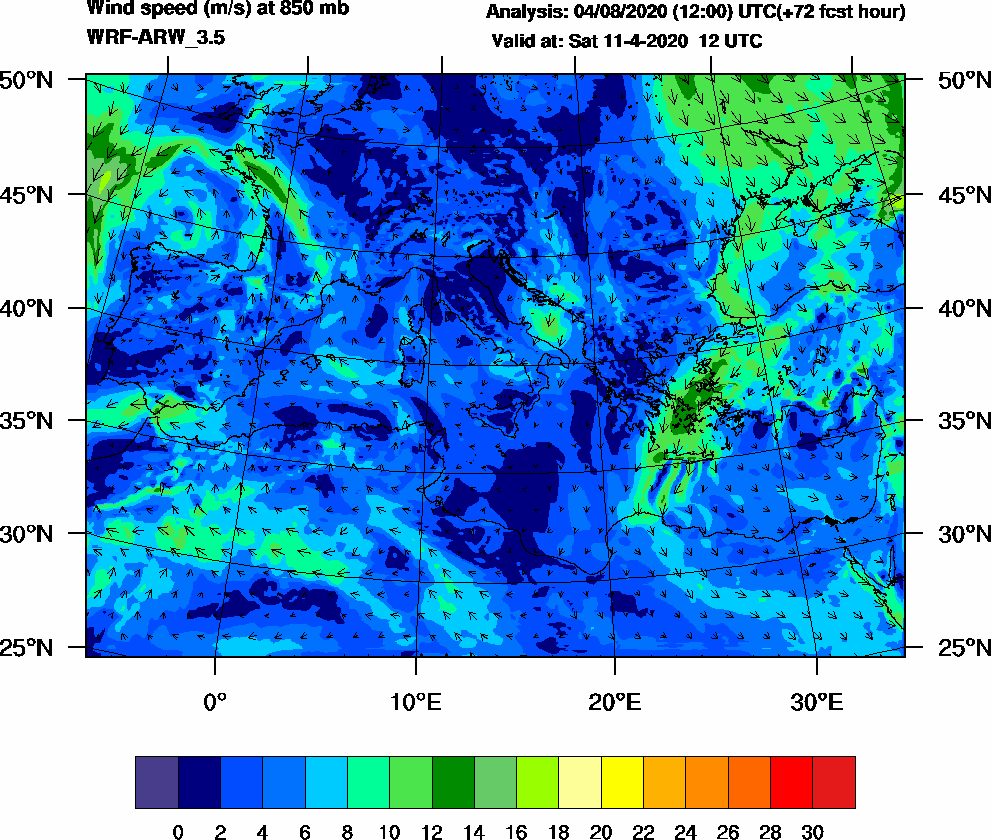 Wind speed (m/s) at 850 mb - 2020-04-11 12:00