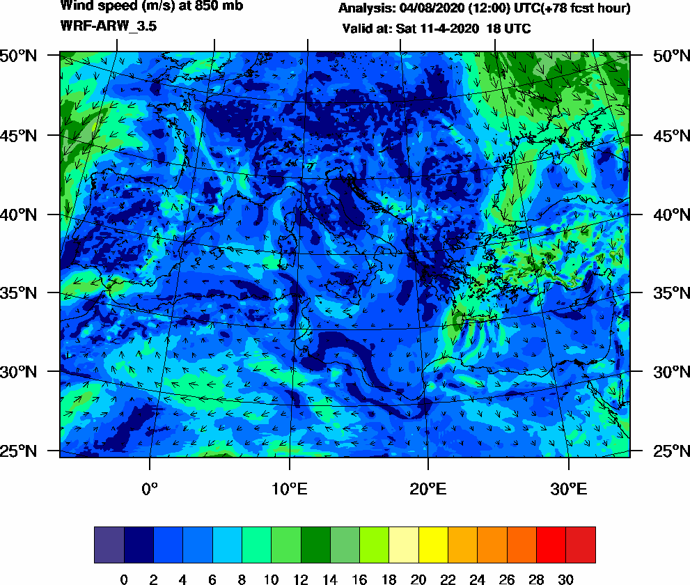 Wind speed (m/s) at 850 mb - 2020-04-11 18:00