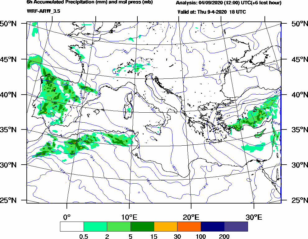 6h Accumulated Precipitation (mm) and msl press (mb) - 2020-04-09 12:00