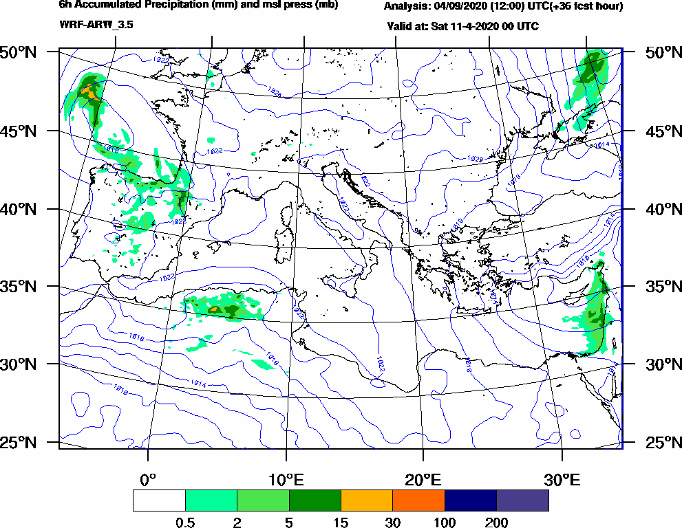 6h Accumulated Precipitation (mm) and msl press (mb) - 2020-04-10 18:00