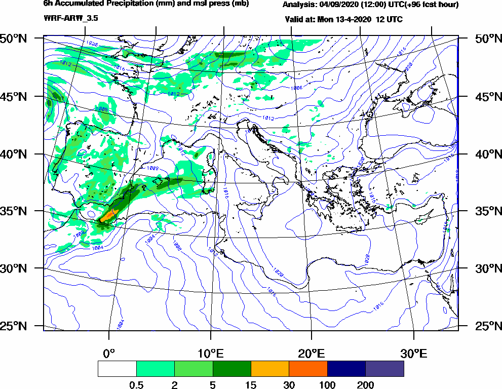 6h Accumulated Precipitation (mm) and msl press (mb) - 2020-04-13 06:00