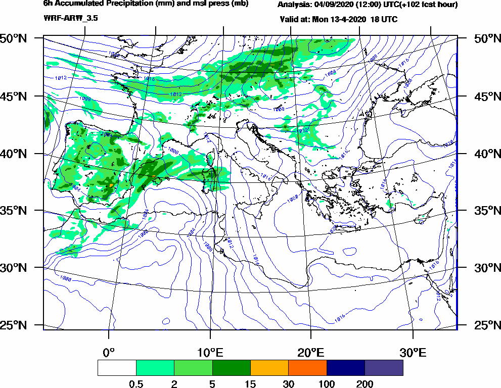 6h Accumulated Precipitation (mm) and msl press (mb) - 2020-04-13 12:00