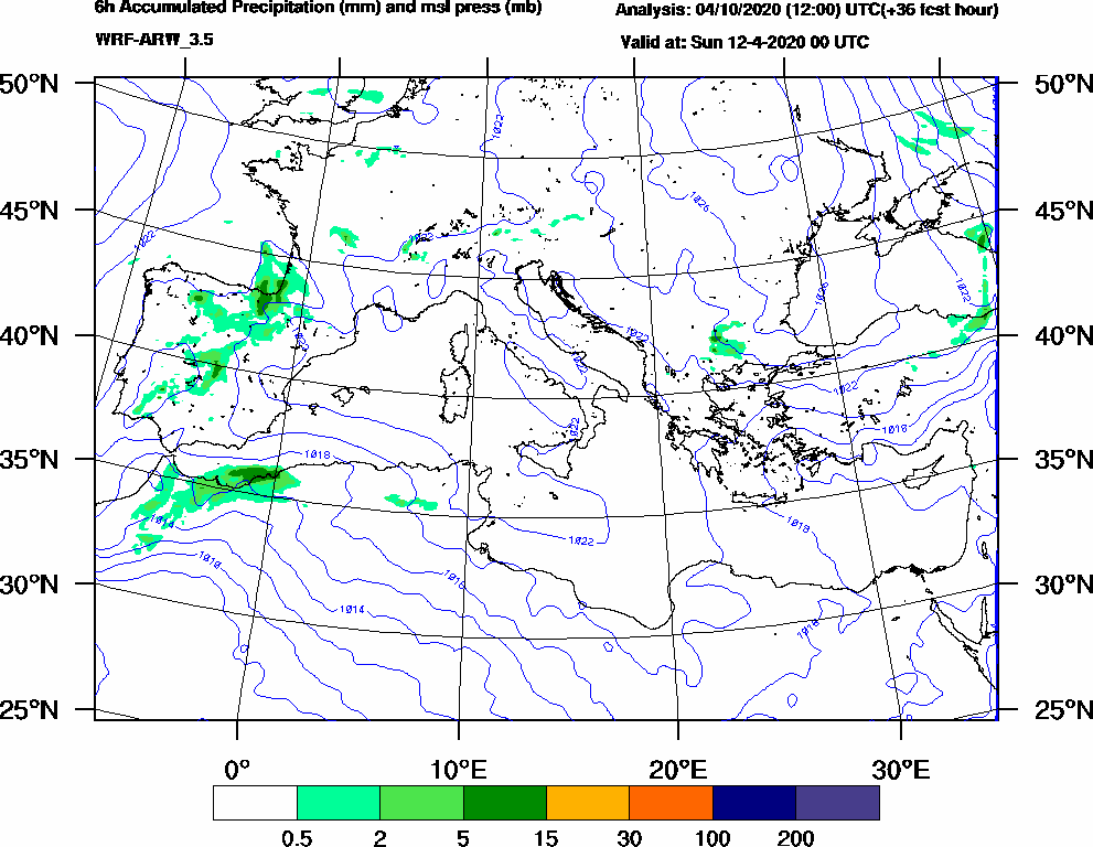 6h Accumulated Precipitation (mm) and msl press (mb) - 2020-04-11 18:00