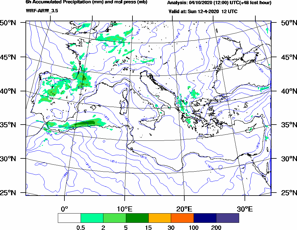6h Accumulated Precipitation (mm) and msl press (mb) - 2020-04-12 06:00