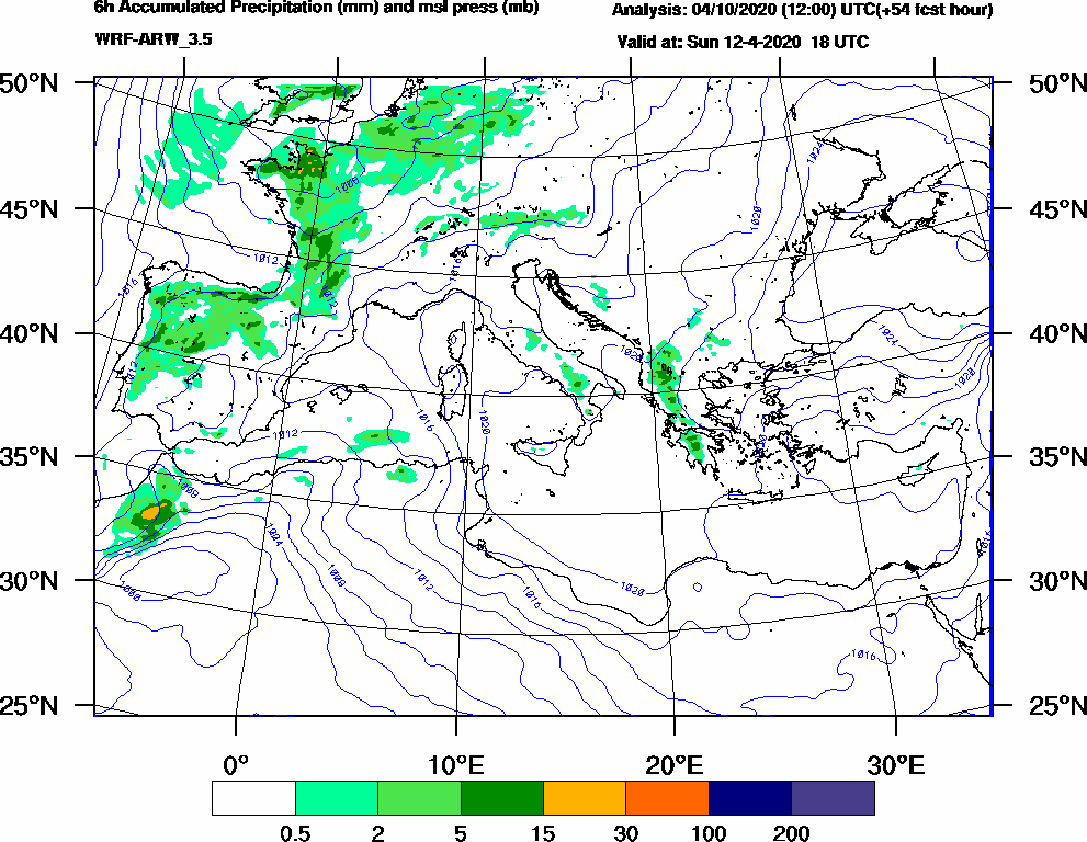 6h Accumulated Precipitation (mm) and msl press (mb) - 2020-04-12 12:00