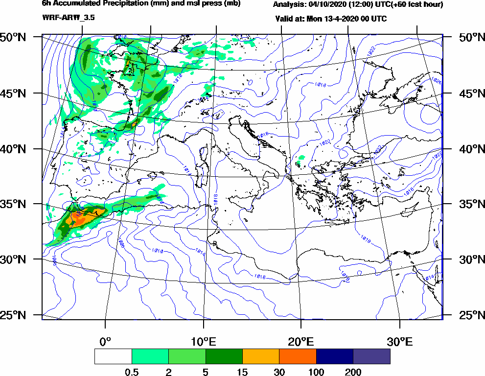6h Accumulated Precipitation (mm) and msl press (mb) - 2020-04-12 18:00