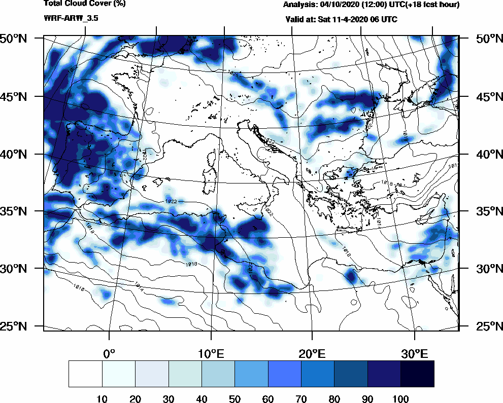 Total cloud cover (%) - 2020-04-11 00:00