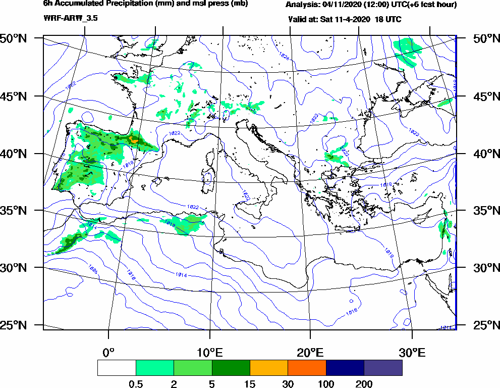 6h Accumulated Precipitation (mm) and msl press (mb) - 2020-04-11 12:00