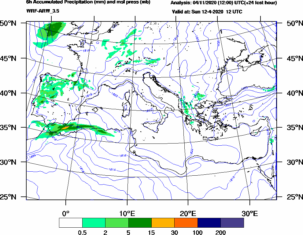 6h Accumulated Precipitation (mm) and msl press (mb) - 2020-04-12 06:00