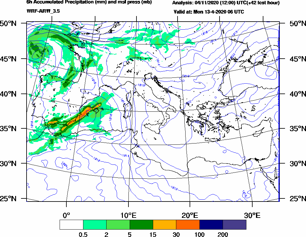 6h Accumulated Precipitation (mm) and msl press (mb) - 2020-04-13 00:00