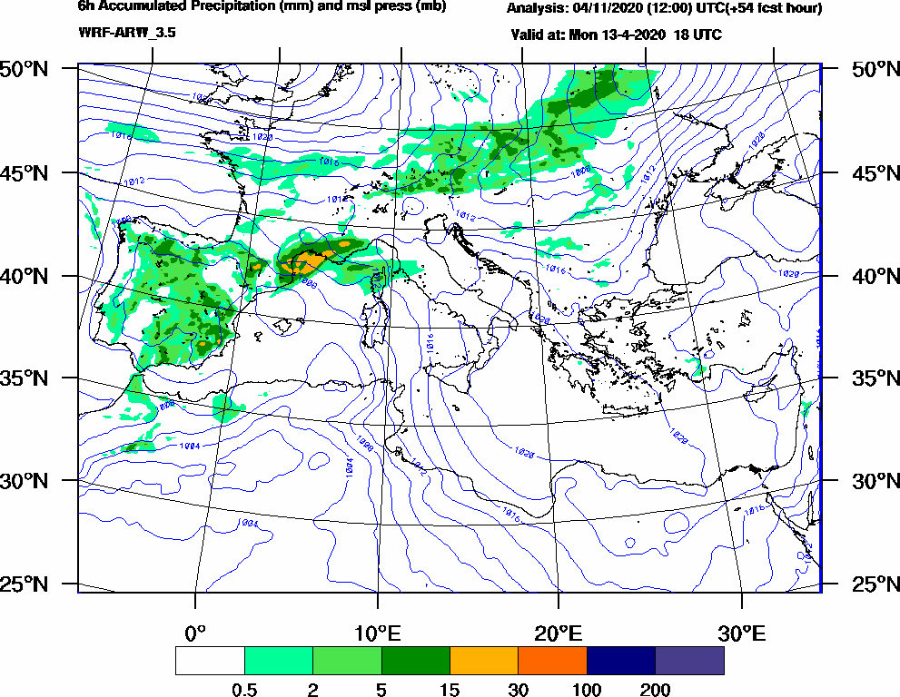 6h Accumulated Precipitation (mm) and msl press (mb) - 2020-04-13 12:00